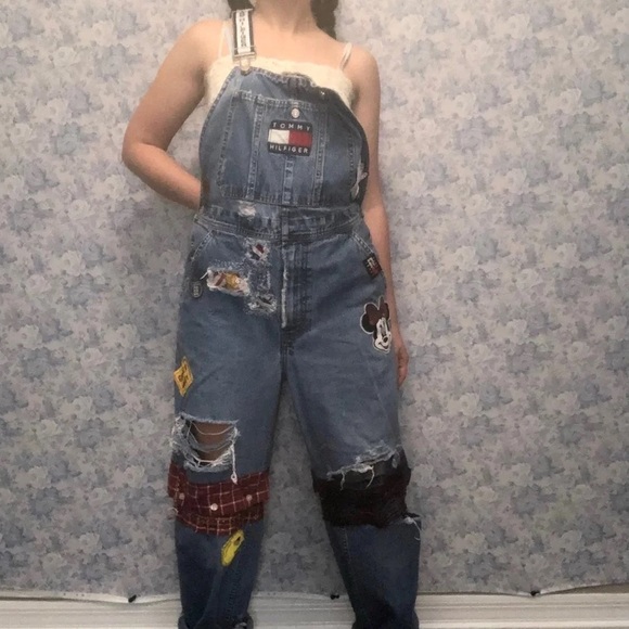 Tommy Jean Overalls 90s Vintage Rework Hilfiger Convertible Spell Out Patches S - Picture 8 of 12